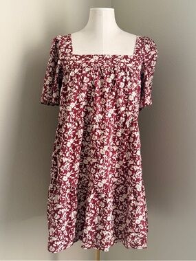 Square Neck Floral Babydoll Dress - Burgundy & Cream